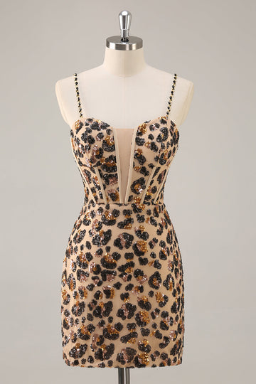 Kahki Leopard Korsett Bodycon Kort Homecoming Klänning med Paljetter